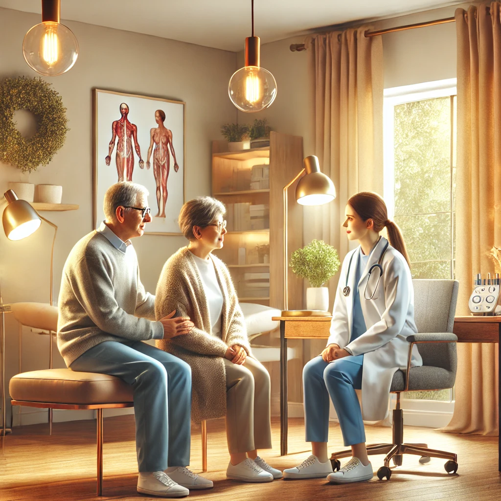 A comforting, professional healthcare setting with doctors interacting compassionately with patients, symbolizing the harmony of technology and personal care